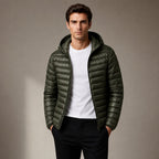 Hooded Puffer Jacket Lightweight Packable Green – Product Photo