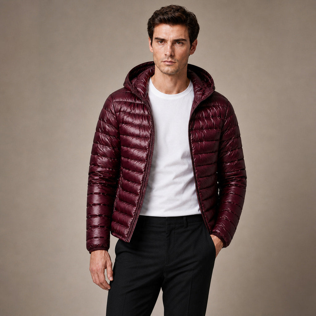 Hooded Puffer Jacket Lightweight Packable Wine – Product Photo