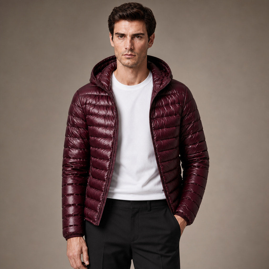 Hooded Puffer Jacket Lightweight Packable in Wine – Tarlano Premium Menswear