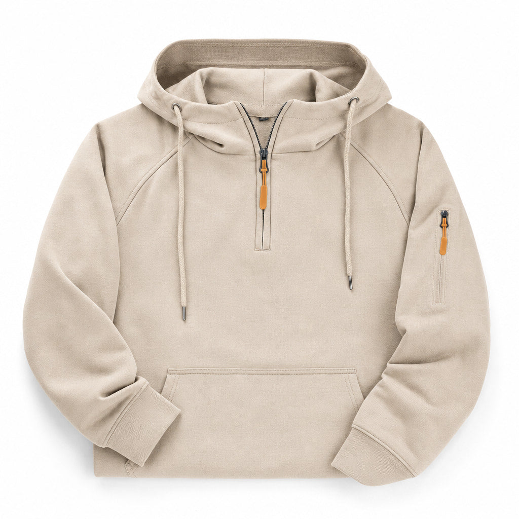 Graphic Hoodie Half-Zip Pullover with Kangaroo Pocket Beige – Product Photo