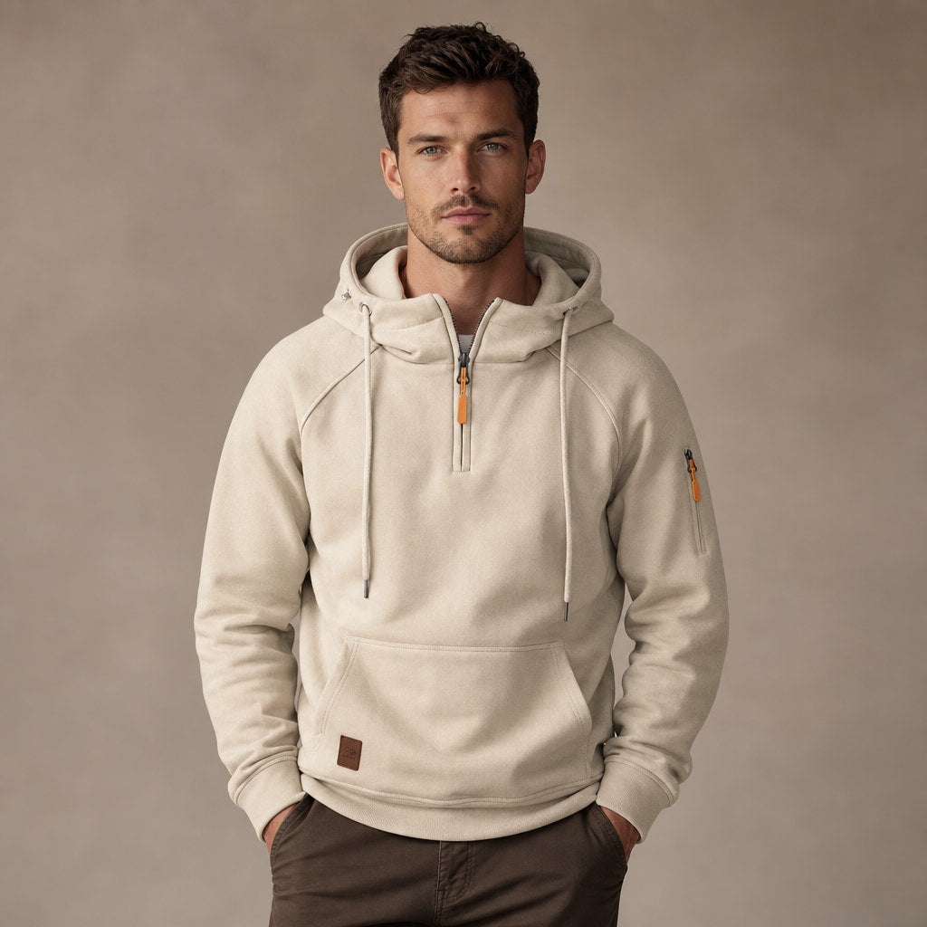 Graphic Hoodie Half-Zip Pullover with Kangaroo Pocket in Beige – Tarlano Premium Menswear