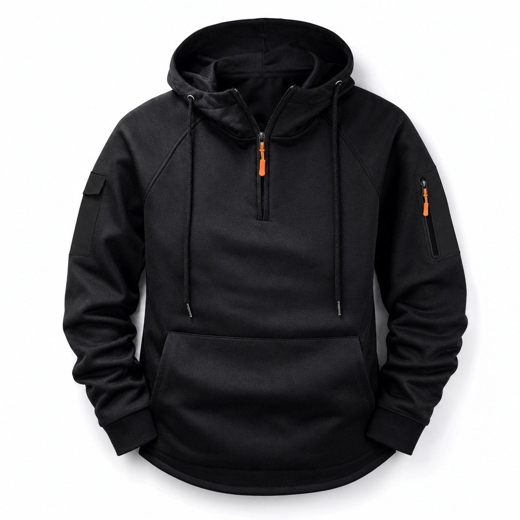 Graphic Hoodie Half-Zip Pullover with Kangaroo Pocket Black – Product Photo