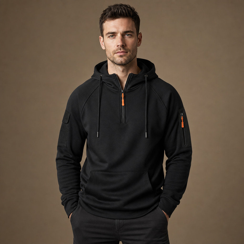 Graphic Hoodie Half-Zip Pullover with Kangaroo Pocket in Black – Tarlano Premium Menswear