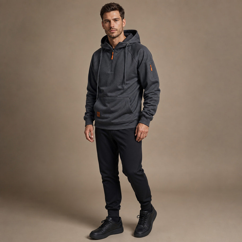 Graphic Hoodie Half-Zip Pullover with Kangaroo Pocket Dark Gray – Side Angle View