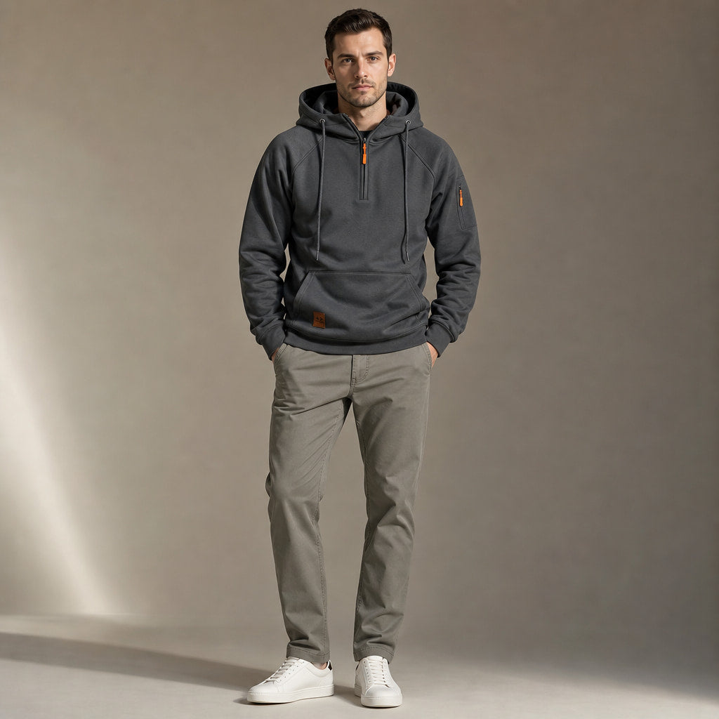 Graphic Hoodie Half-Zip Pullover with Kangaroo Pocket Dark Gray – Full Look