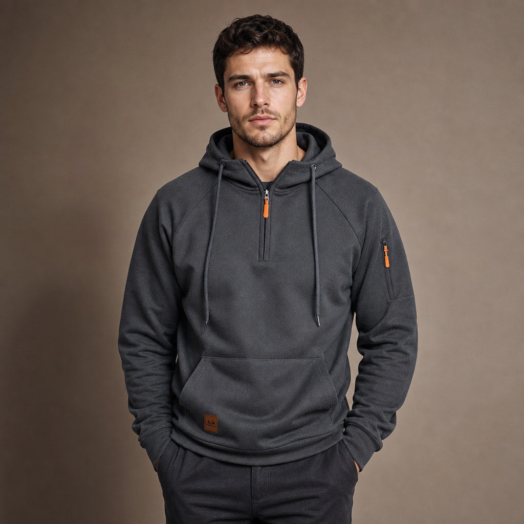 Graphic Hoodie Half-Zip Pullover with Kangaroo Pocket in Dark Gray – Tarlano Premium Menswear