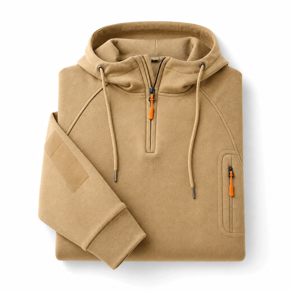 Graphic Hoodie Half-Zip Pullover with Kangaroo Pocket Khaki – Product Photo