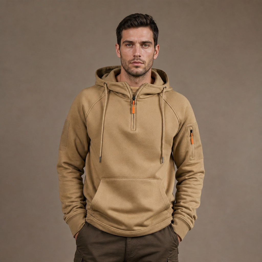 Graphic Hoodie Half-Zip Pullover with Kangaroo Pocket in Khaki – Tarlano Premium Menswear