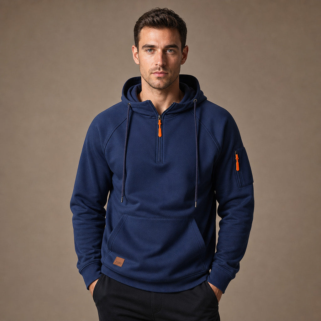Graphic Hoodie Half-Zip Pullover with Kangaroo Pocket in Navy – Tarlano Premium Menswear