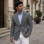 Herringbone Blazer Regular Fit Grey – Styled Editorial Shot