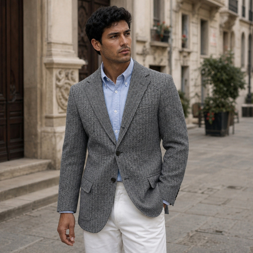 Herringbone Blazer Regular Fit Grey – Styled Editorial Shot