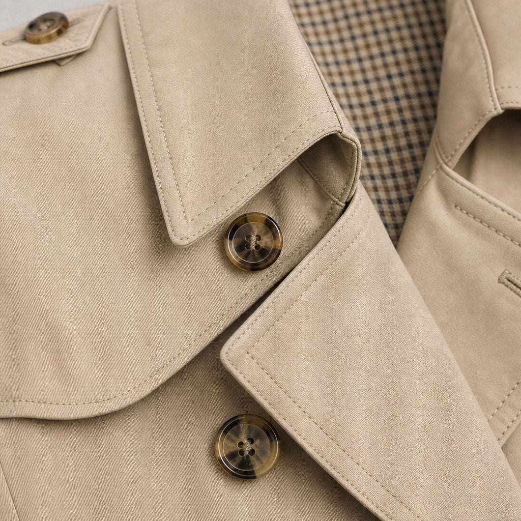 Trench Coat Cotton Single Breasted Mid-Length Beige – Fabric and Detail Close-Up