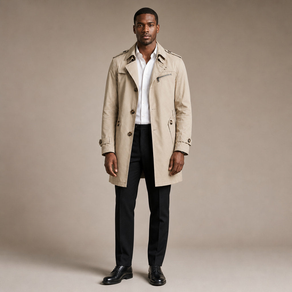 Trench Coat Cotton Single Breasted Mid-Length in Beige – Tarlano Premium Menswear