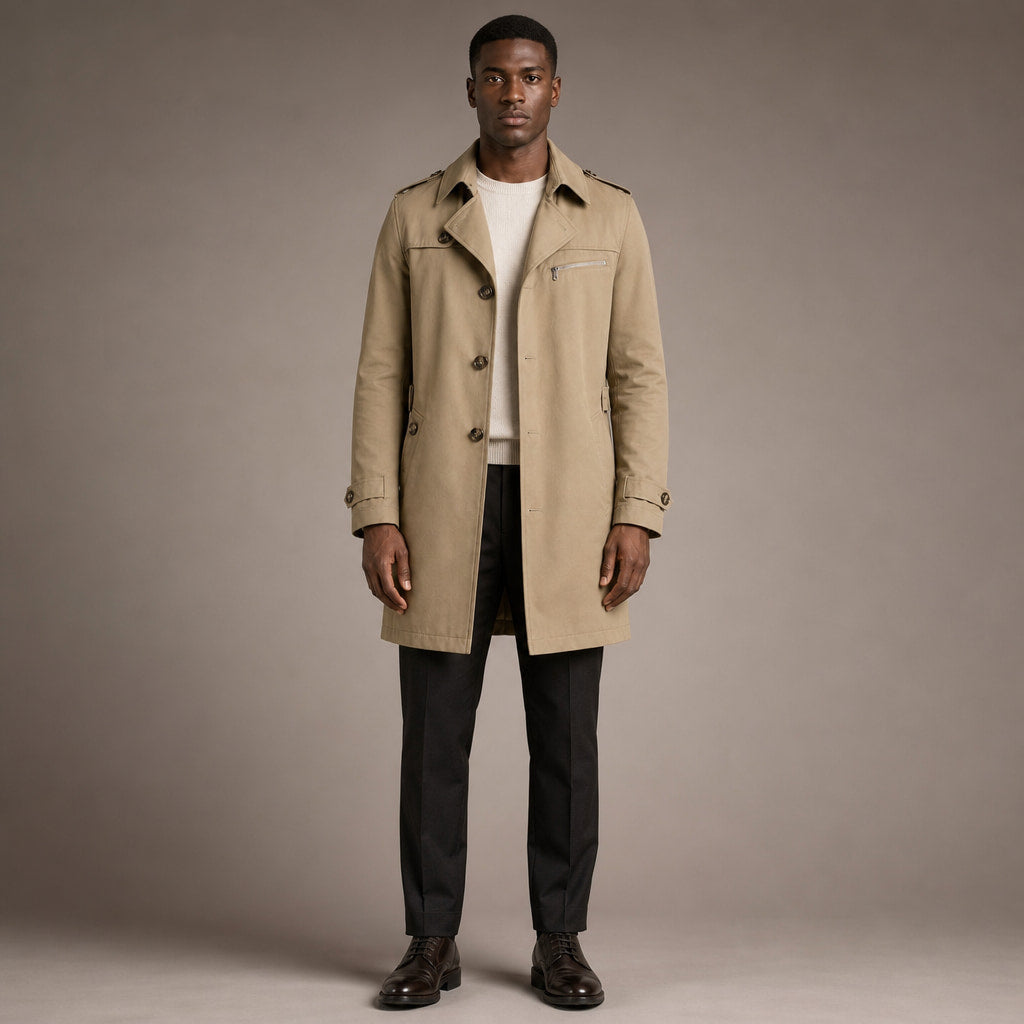 Trench Coat Cotton Single Breasted Mid-Length in Khaki – Tarlano Premium Menswear