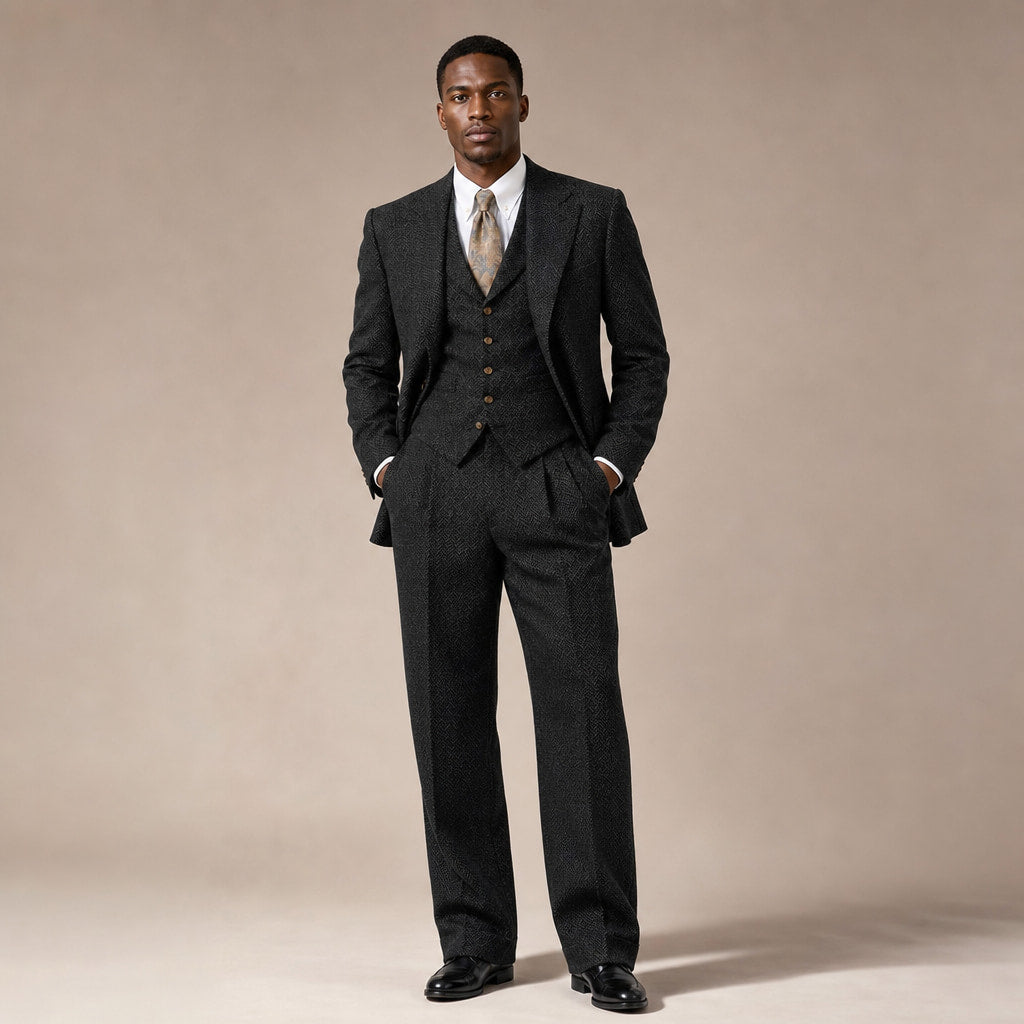 Three Piece Suit Herringbone Modern Fit in Black – Tarlano Premium Menswear