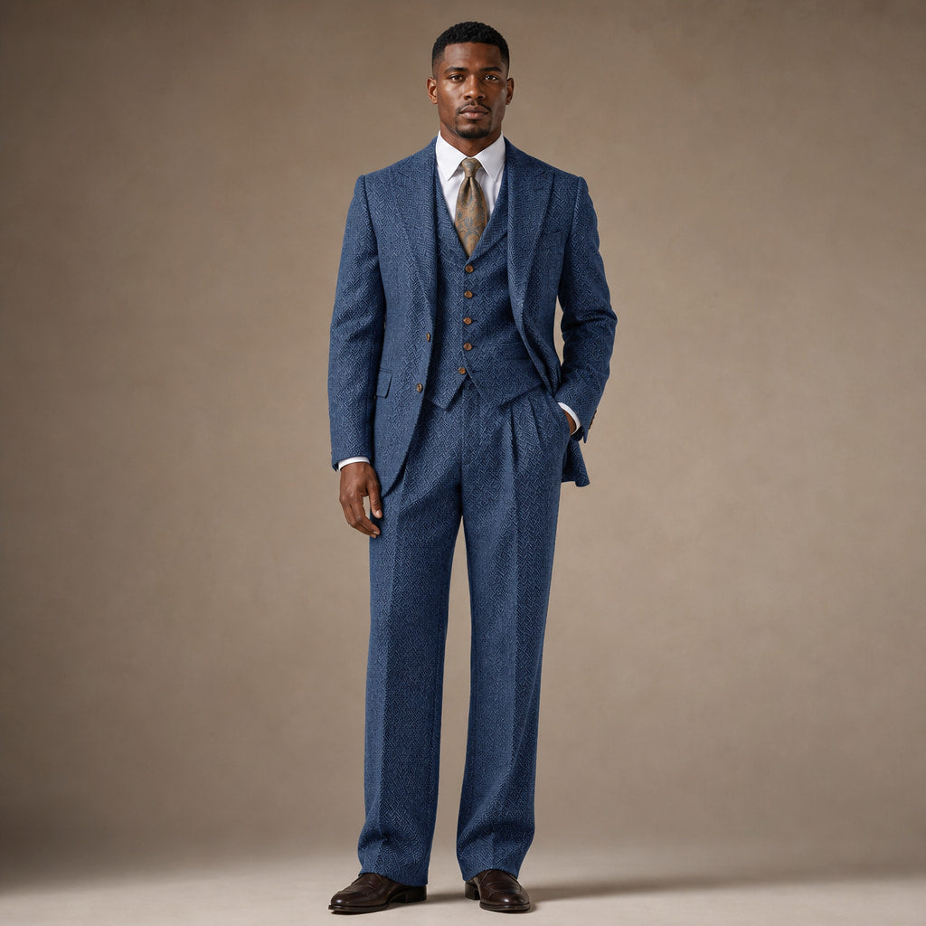 Three Piece Suit Herringbone Modern Fit in Blue – Tarlano Premium Menswear