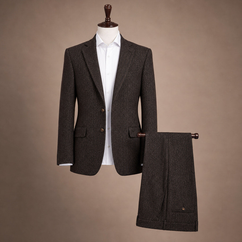 Three Piece Suit Herringbone Modern Fit Coffee – Product Photo