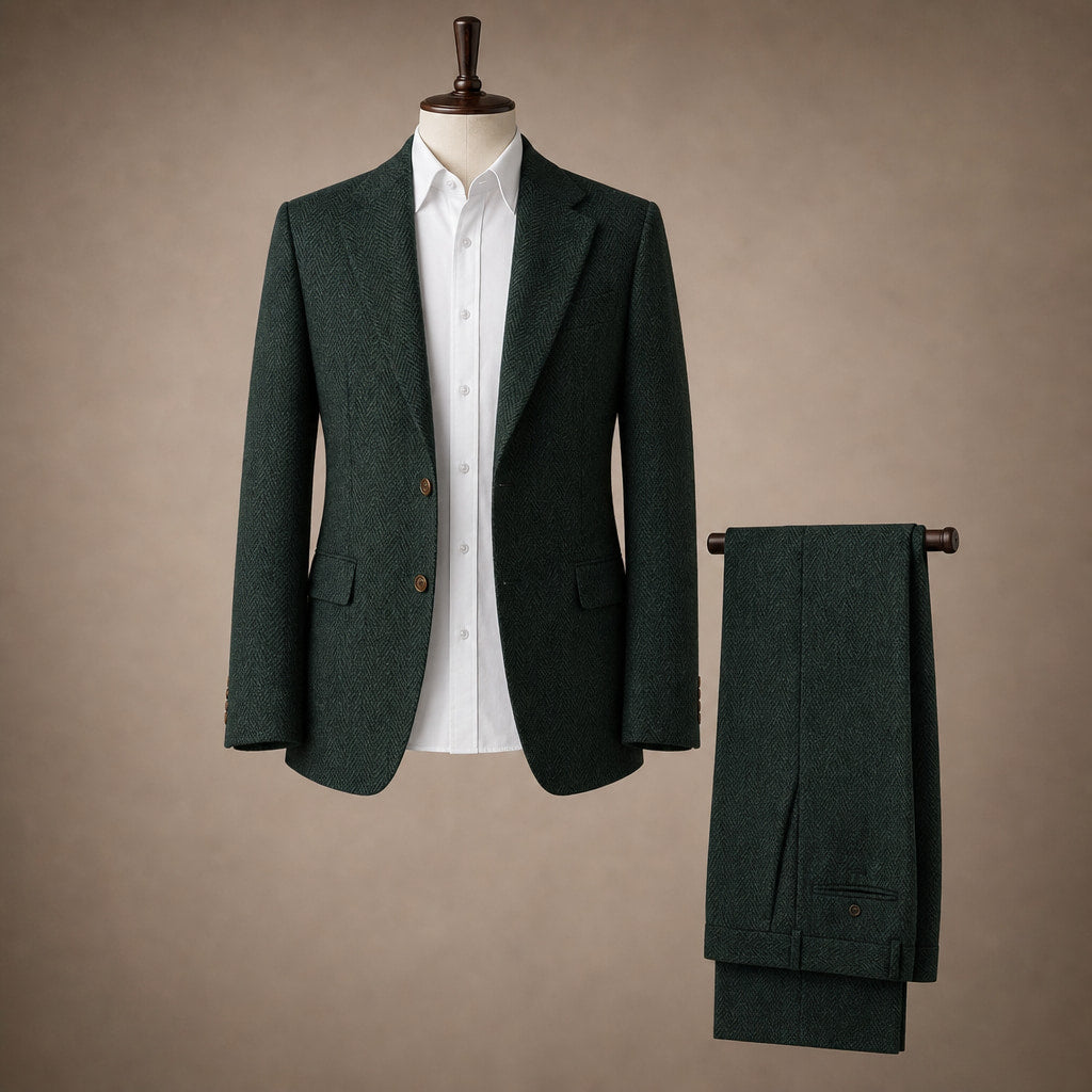 Three Piece Suit Herringbone Modern Fit Dark Green – Product Photo