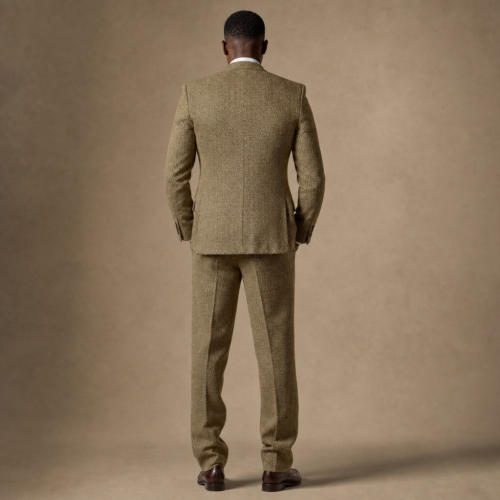 Three Piece Suit Herringbone Modern Fit Khaki – Side Angle View