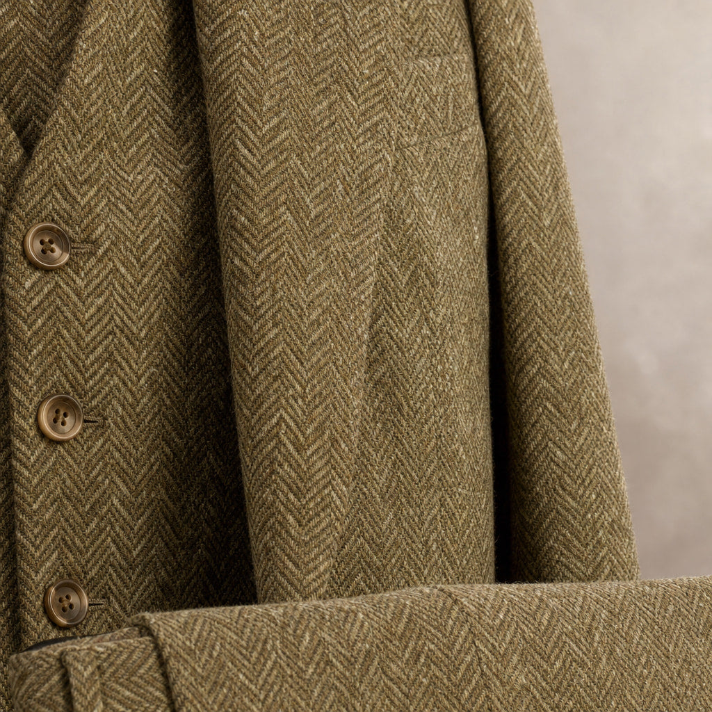 Three Piece Suit Herringbone Modern Fit Khaki – Fabric and Detail Close-Up