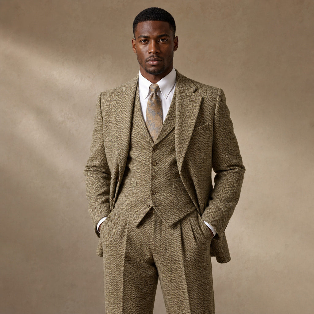 Three Piece Suit Herringbone Modern Fit Khaki – Full Look