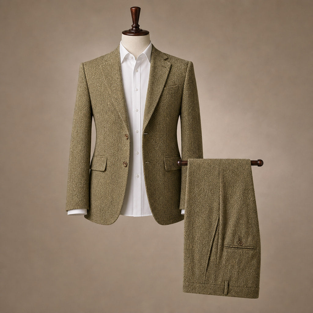 Three Piece Suit Herringbone Modern Fit Khaki – Product Photo