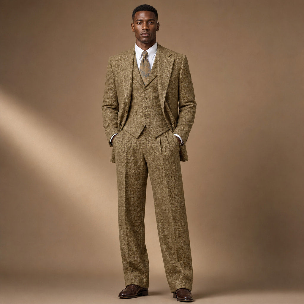 Three Piece Suit Herringbone Modern Fit in Khaki – Tarlano Premium Menswear