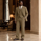 Three Piece Suit Herringbone Modern Fit Khaki – Styled Editorial Shot