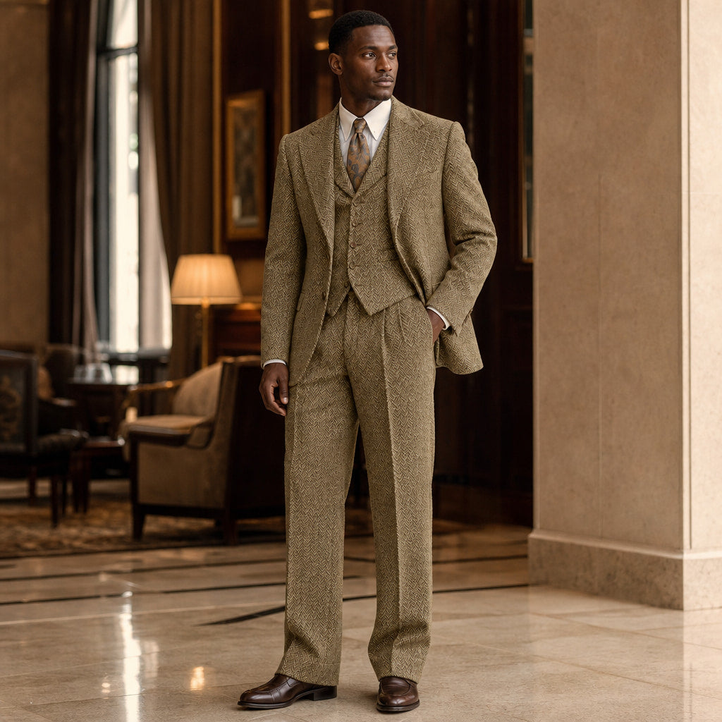 Three Piece Suit Herringbone Modern Fit Khaki – Styled Editorial Shot