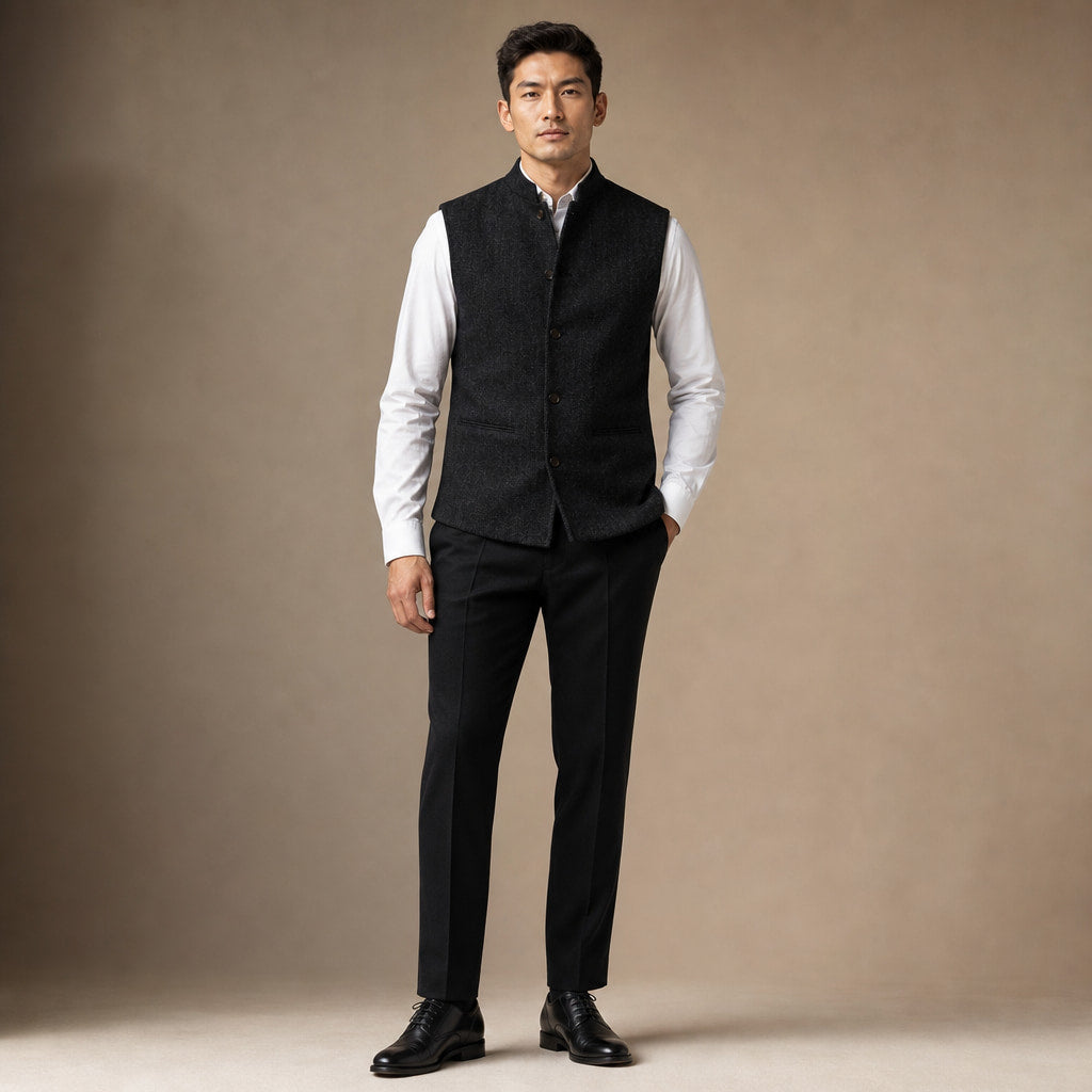 Herringbone Waistcoat Stand Collar in Black – Tarlano Premium Menswear