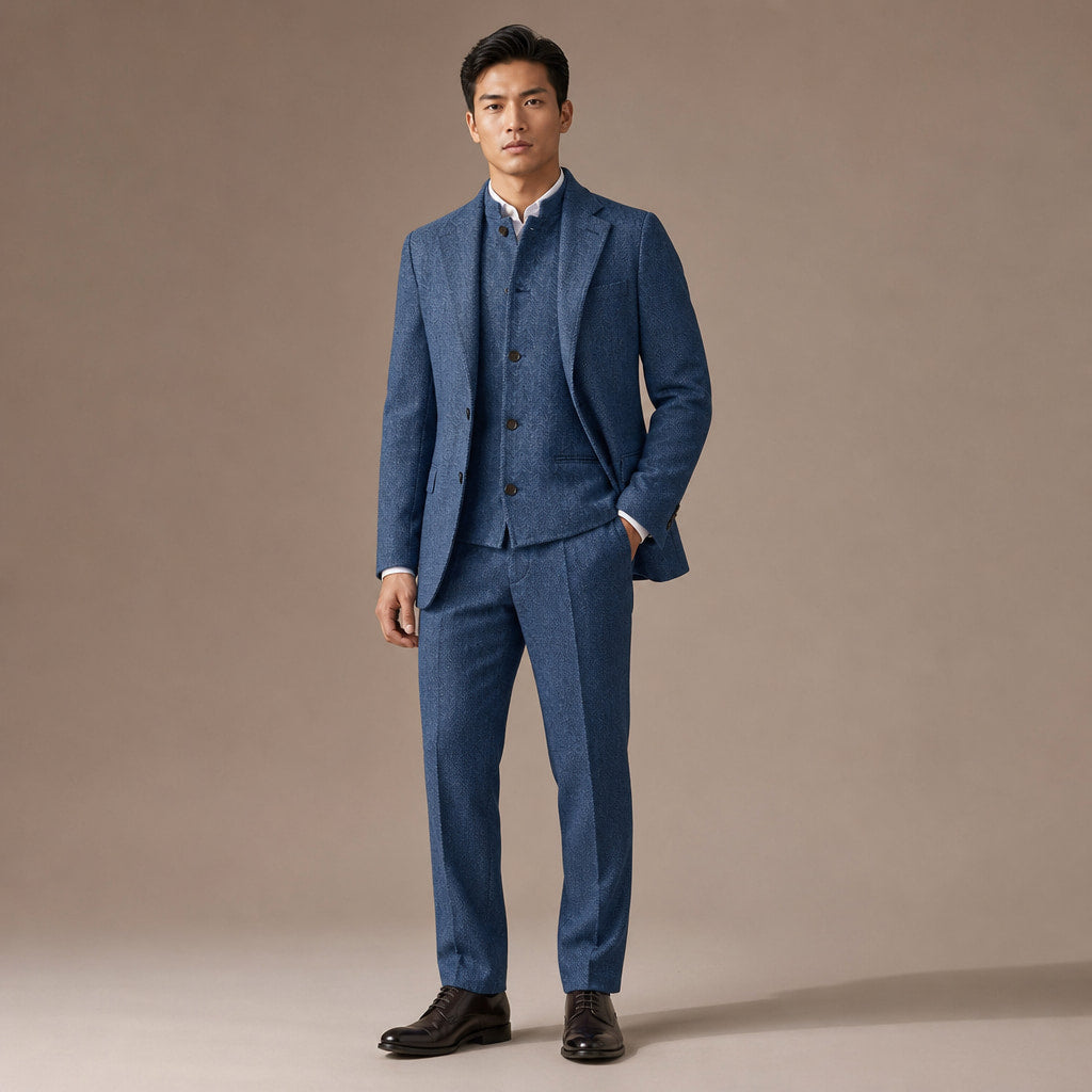 Herringbone Waistcoat Stand Collar in Blue – Tarlano Premium Menswear