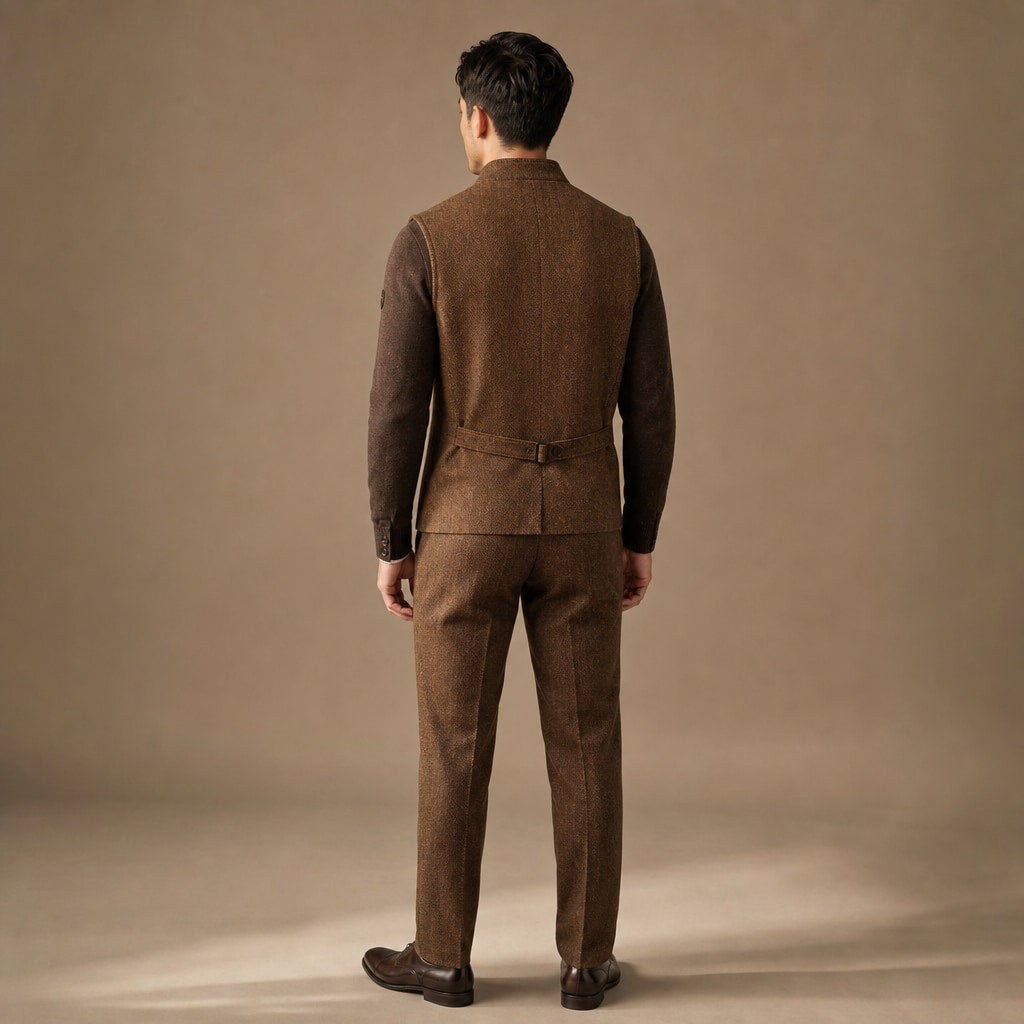 Herringbone Waistcoat Stand Collar Brown – Side Angle View