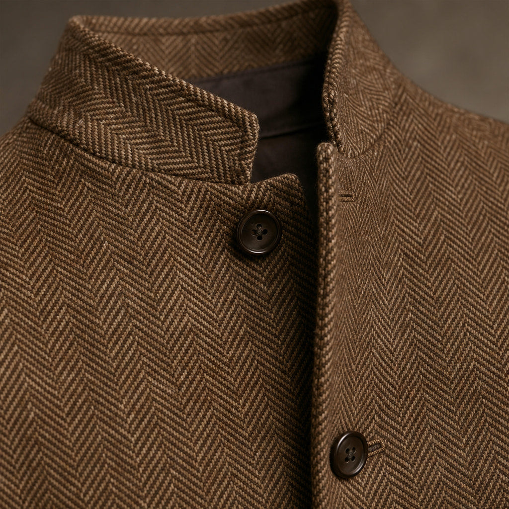 Herringbone Waistcoat Stand Collar Brown – Fabric and Detail Close-Up