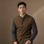 Herringbone Waistcoat Stand Collar Brown – Full Look