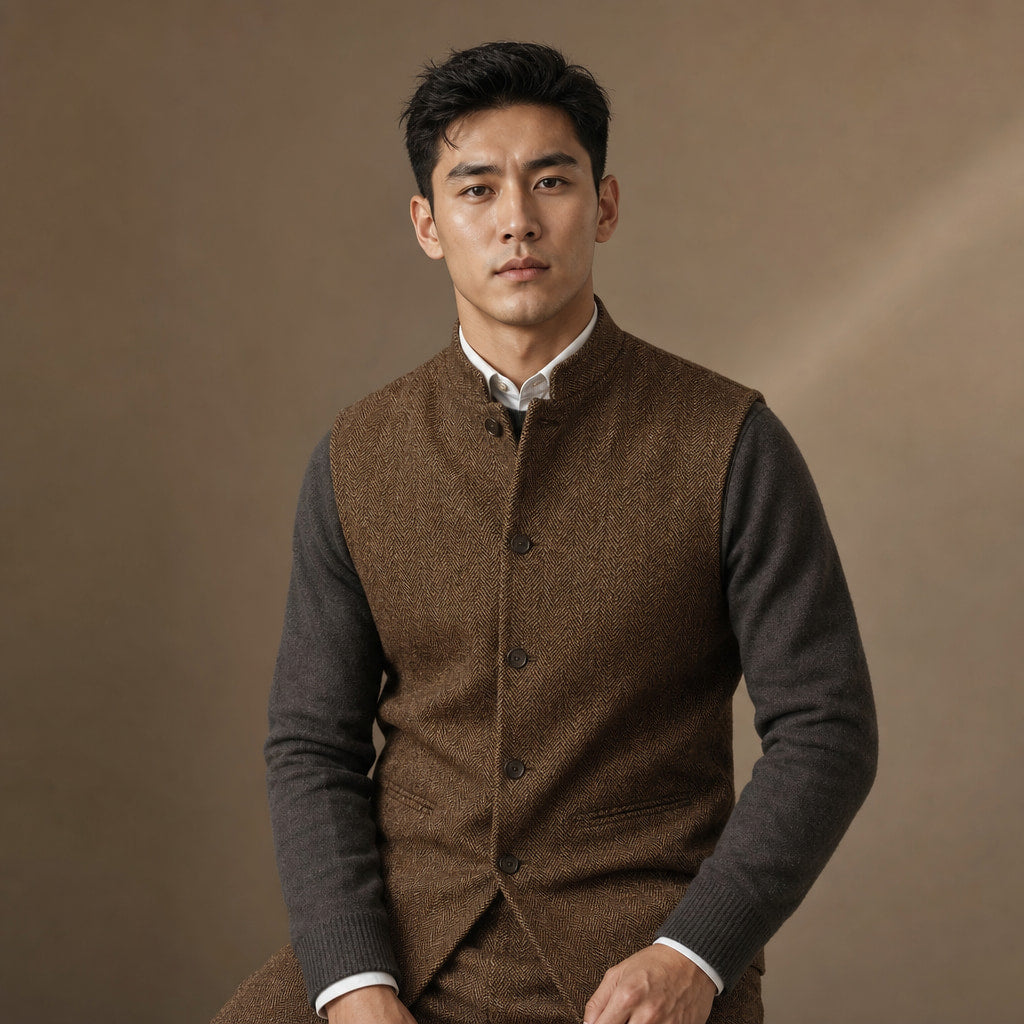 Herringbone Waistcoat Stand Collar Brown – Full Look