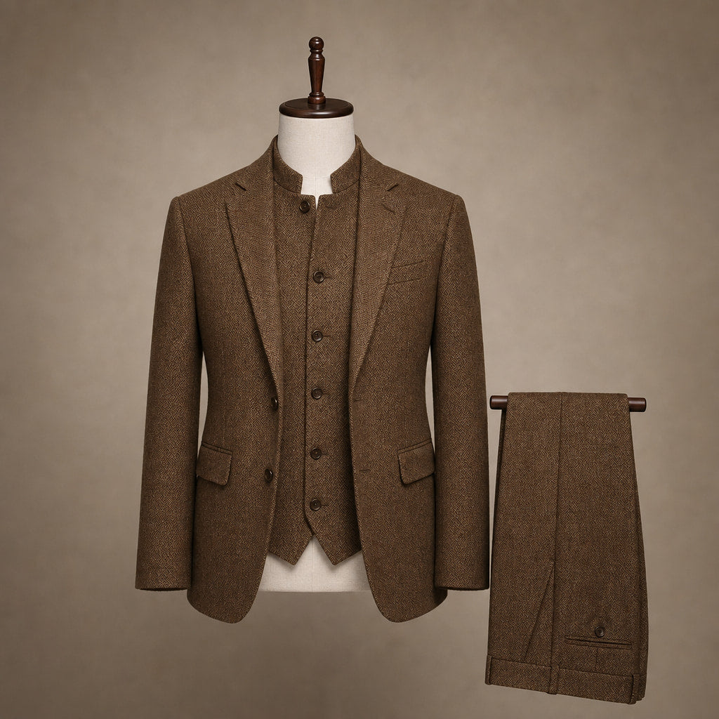 Herringbone Waistcoat Stand Collar Brown – Product Photo