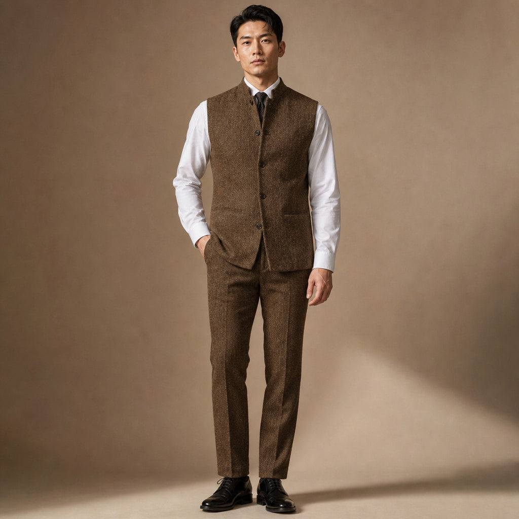 Herringbone Waistcoat Stand Collar in Brown – Tarlano Premium Menswear