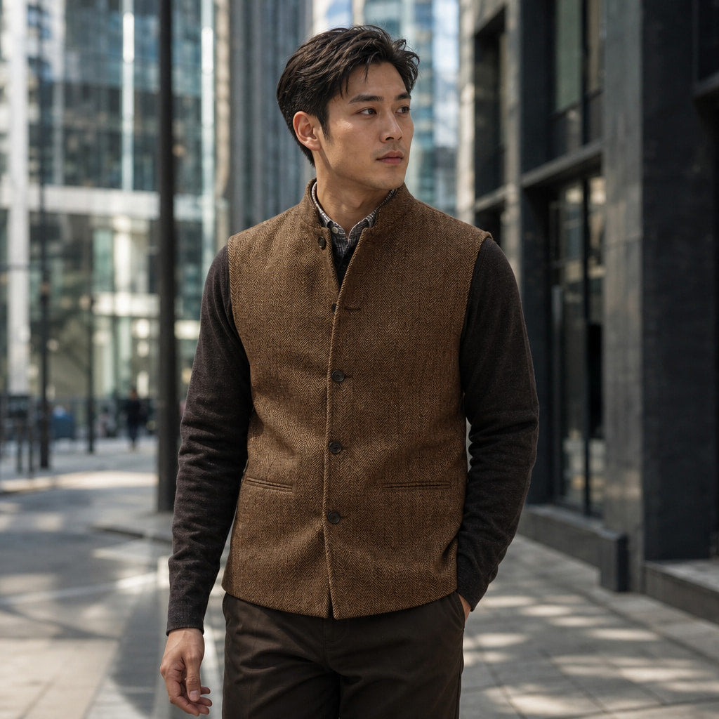 Herringbone Waistcoat Stand Collar Brown – Styled Editorial Shot