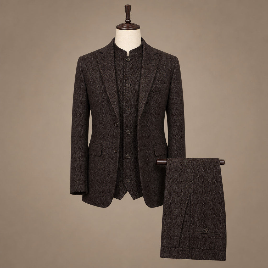 Herringbone Waistcoat Stand Collar Coffee – Product Photo