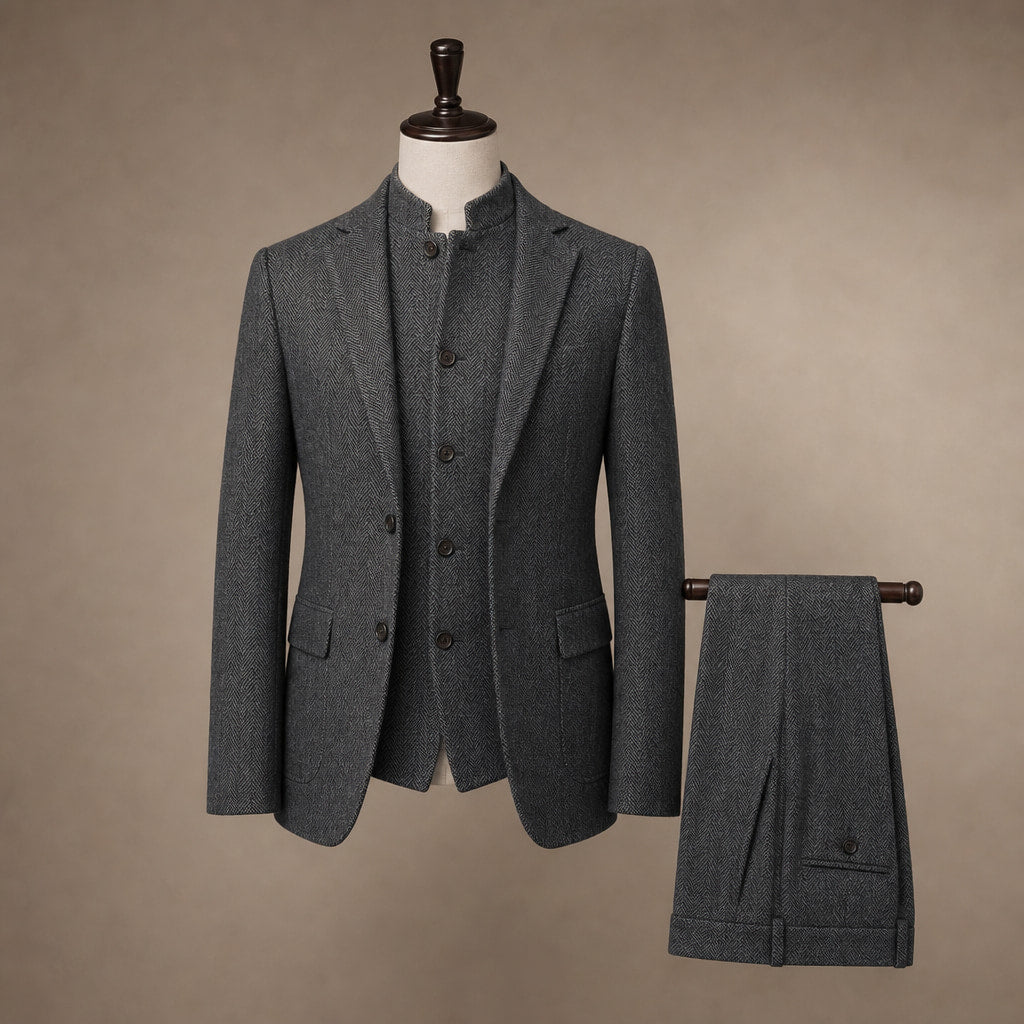 Herringbone Waistcoat Stand Collar Dark Gray – Product Photo