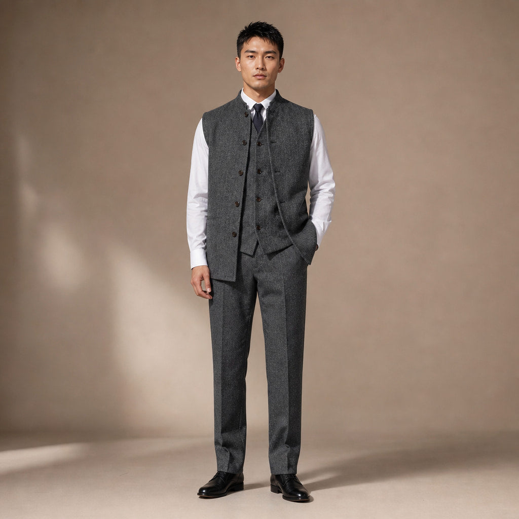 Herringbone Waistcoat Stand Collar in Dark Gray – Tarlano Premium Menswear
