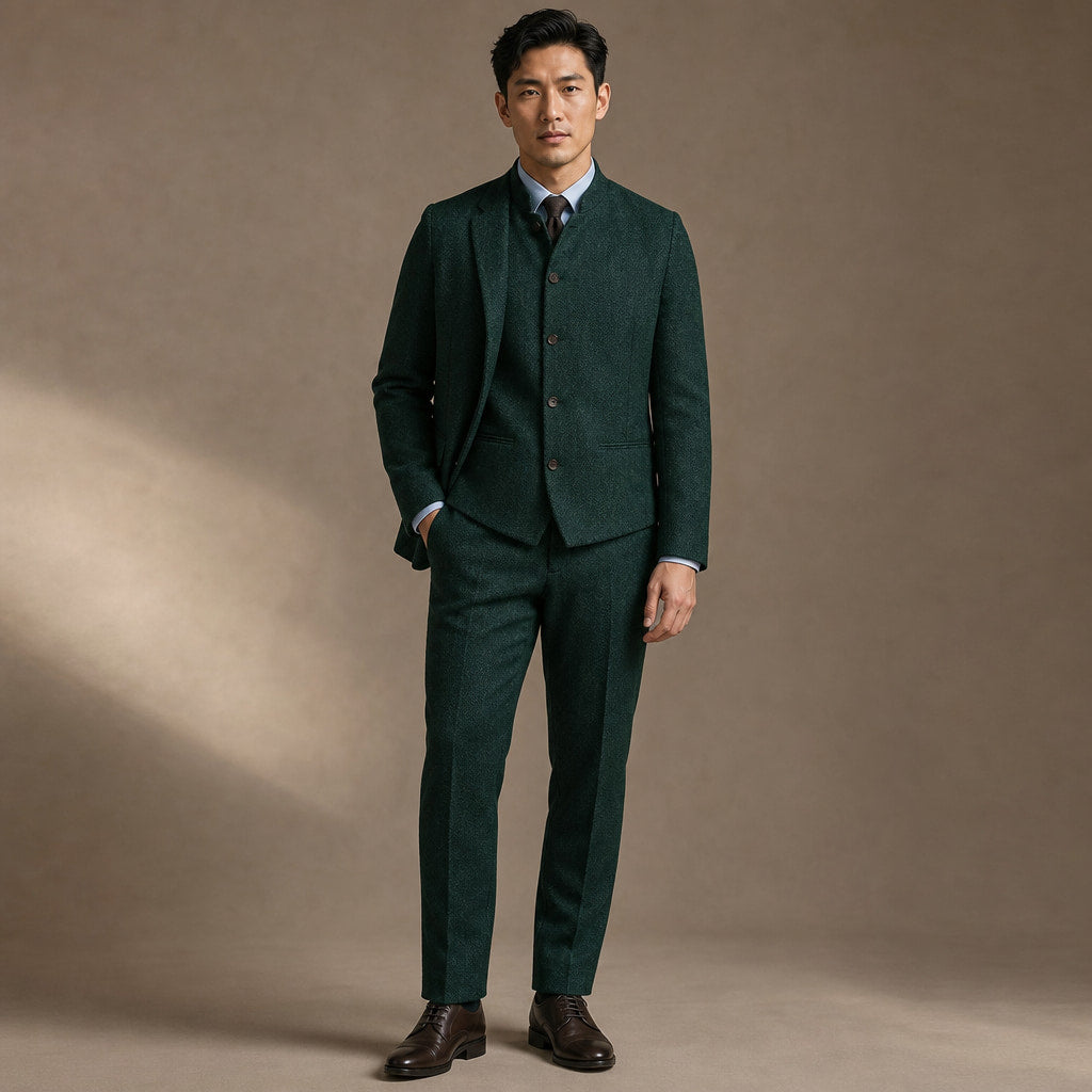 Herringbone Waistcoat Stand Collar in Green – Tarlano Premium Menswear
