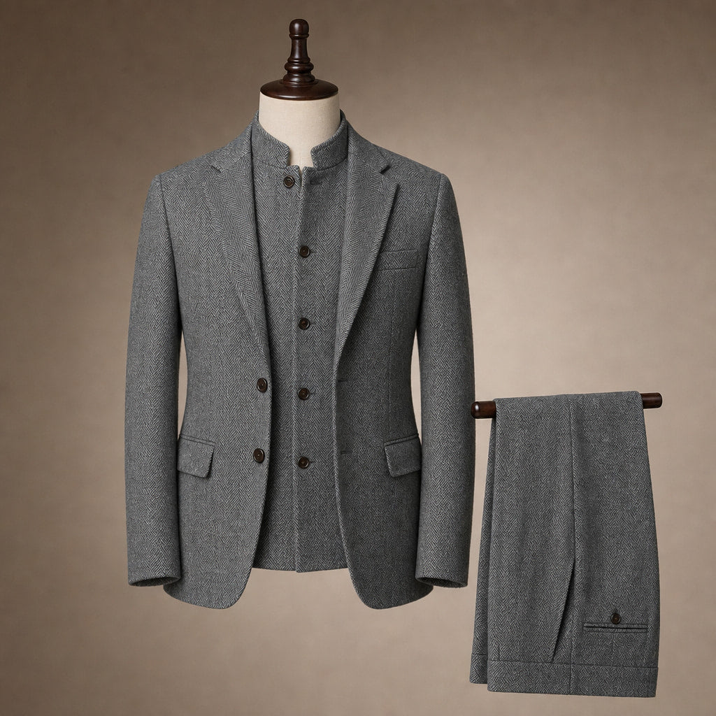 Herringbone Waistcoat Stand Collar Grey – Product Photo