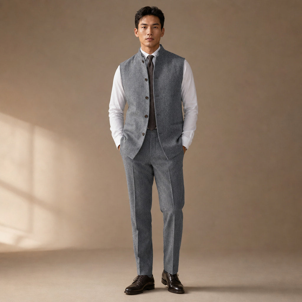 Herringbone Waistcoat Stand Collar in Grey – Tarlano Premium Menswear