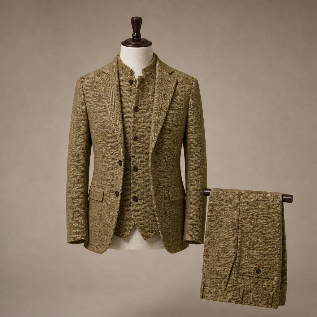 Herringbone Waistcoat Stand Collar Khaki – Product Photo