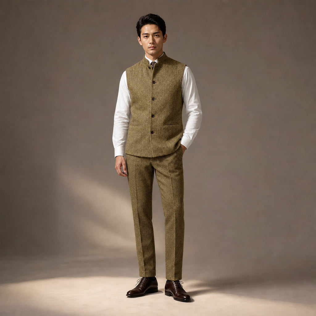 Herringbone Waistcoat Stand Collar in Khaki – Tarlano Premium Menswear