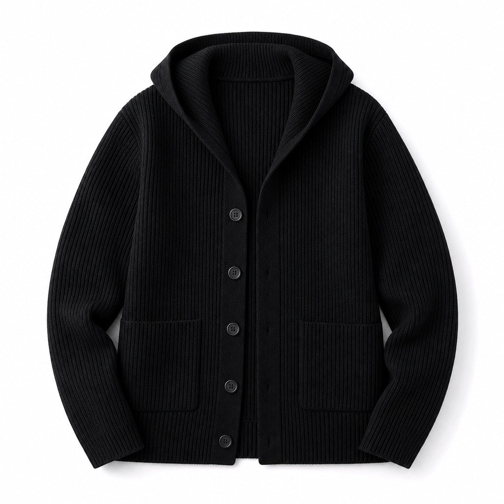 Cardigan Wool Blend Hooded Button-Up Black – Product Photo