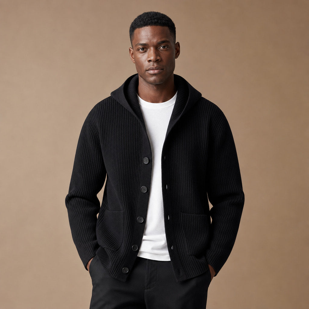 Cardigan Wool Blend Hooded Button-Up in Black – Tarlano Premium Menswear