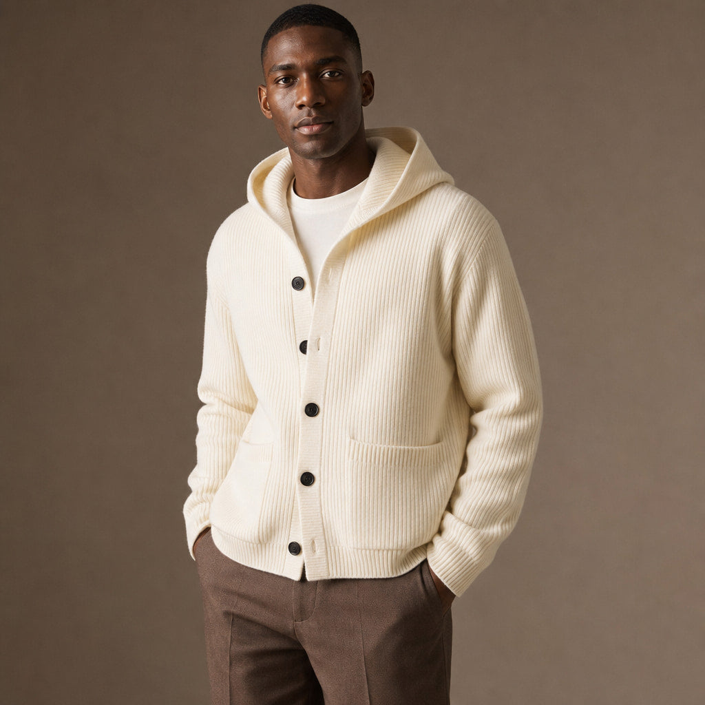 Cardigan Wool Blend Hooded Button-Up Cream – Side Angle View