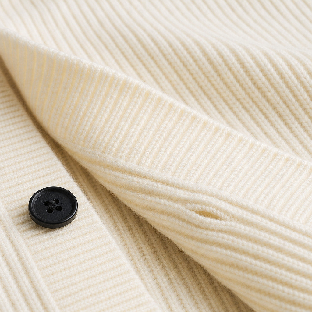 Cardigan Wool Blend Hooded Button-Up Cream – Fabric and Detail Close-Up
